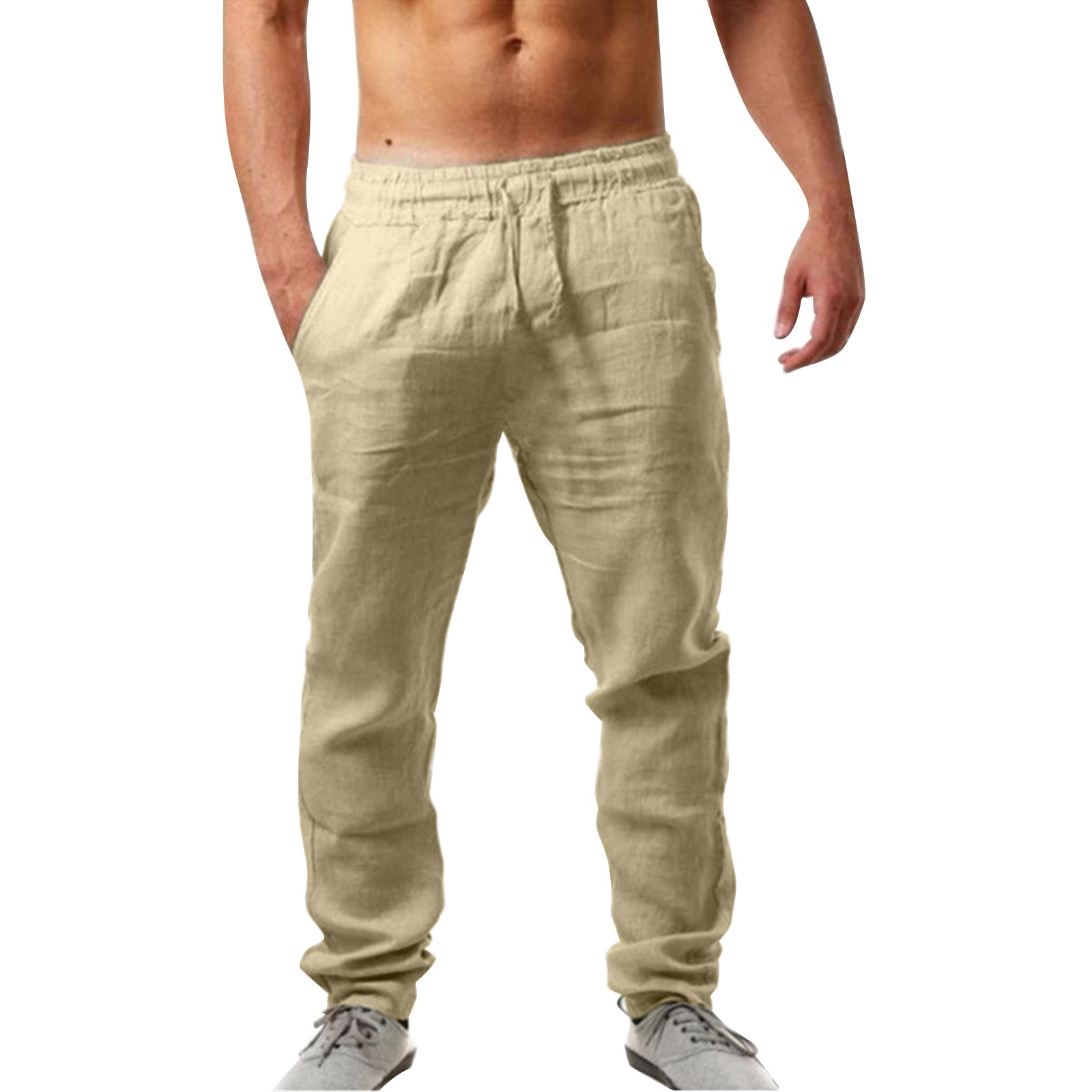 thumbnail image 5 of Pantalones de color liso con cintura elástica para hombre: pantalones informales holgados y transpirables, mezcla de lino, para la playa en verano y para el día a día., 5 of 6